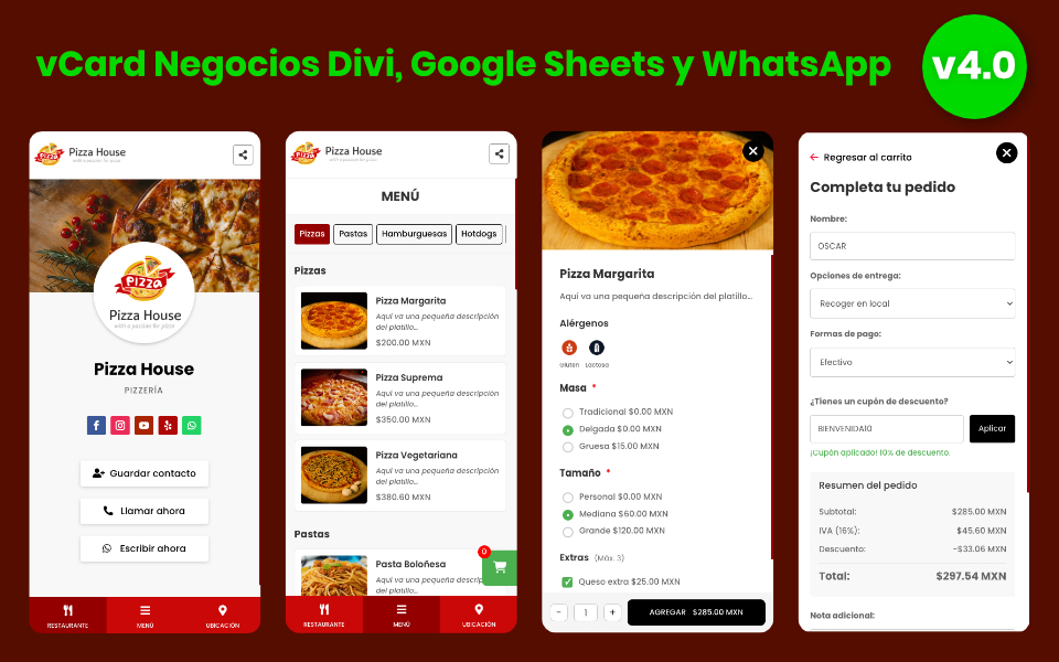 Crea una tarjeta digital (vCard) sincronizada con Google Sheets para solicitar pedidos a través de WhatsApp en Divi v4.0