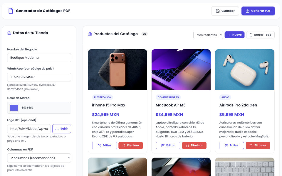 Crea un Generador de Catálogos PDF con gestión de productos, imágenes y personalización de marca