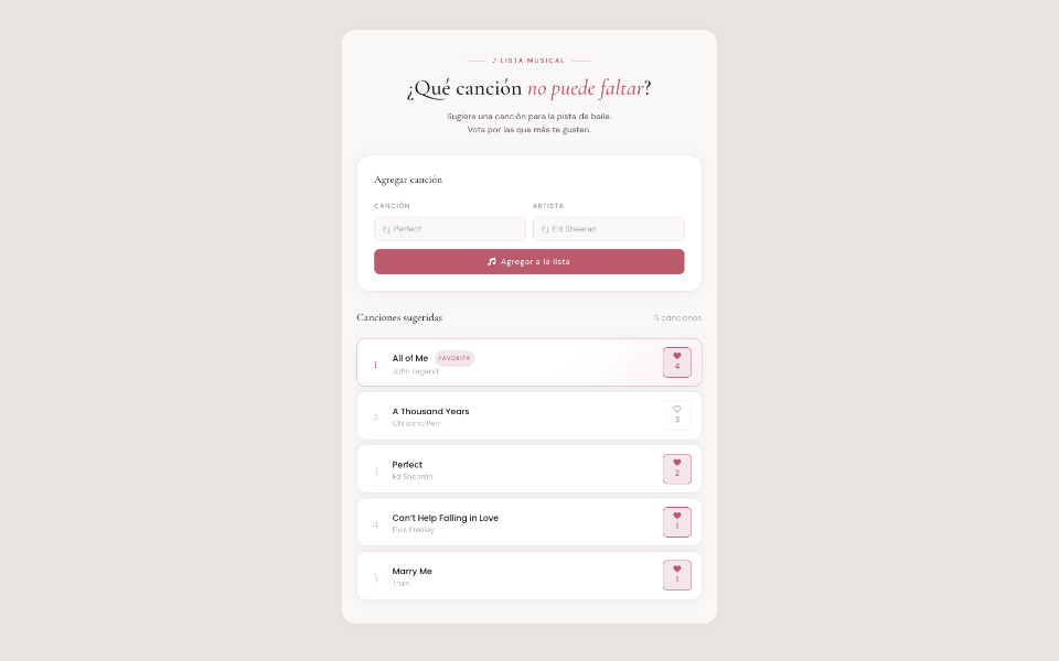 Crea una lista de canciones con votación para páginas de boda — Divi + Google Sheets sin plugins