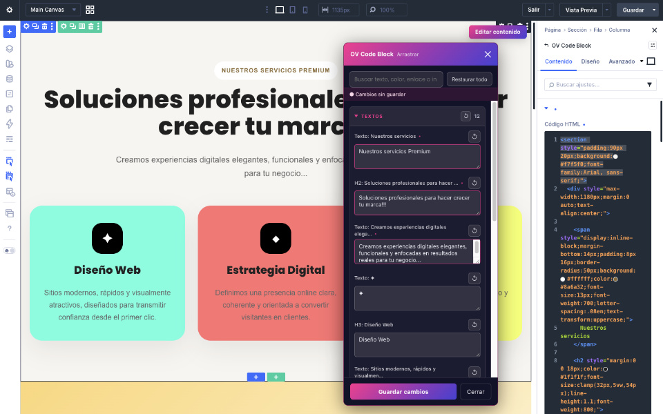 OV Code Block: Inserta código HTML, CSS y JavaScript generado por IA y edítalo visualmente en Divi 5