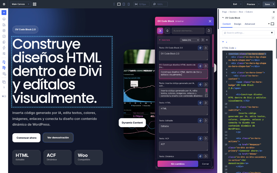 OV Code Block 2.0: Inserta código HTML, CSS y JavaScript generado por IA y edítalo visualmente en Divi 5