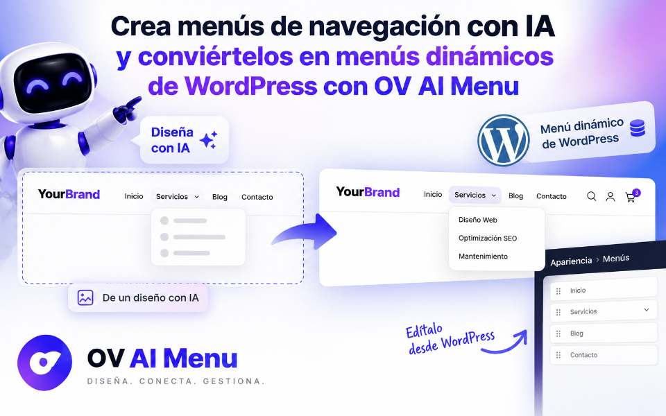 Crea menús de navegación con IA y conviértelos en menús dinámicos de WordPress con OV AI Menu